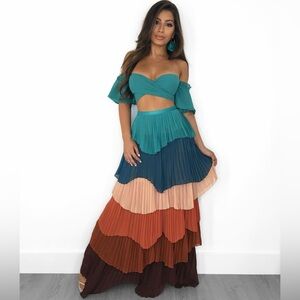 Two  Piece Multicolor Layered Ruffle Skirt and Top Set